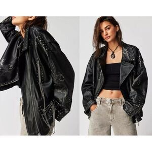 Free People Nigel Preston Chain Embellished Biker Jacket Leather